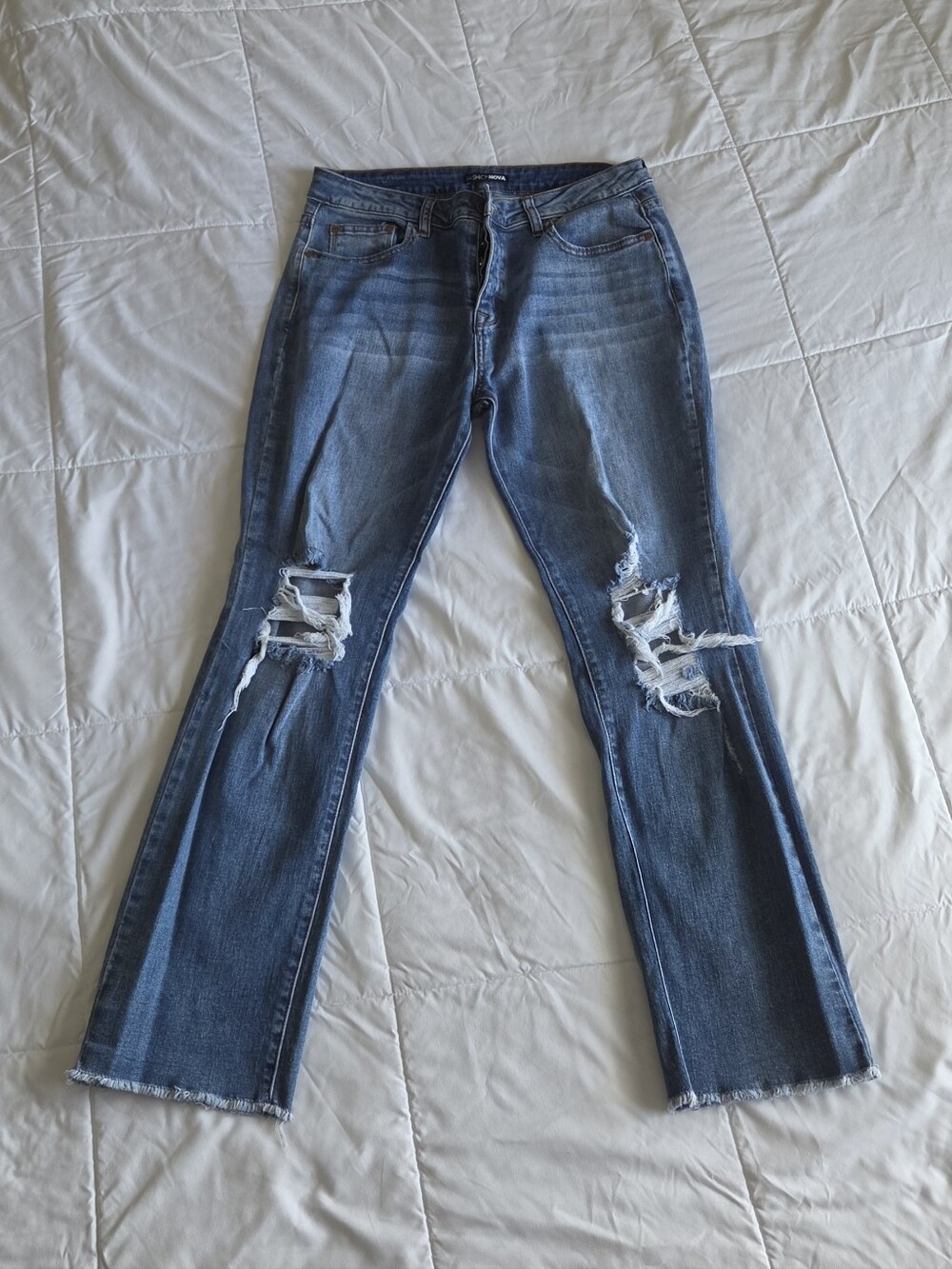 Women's Distressed Medium Blue Flare Jeans